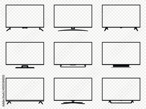 TV icons vector set. TV screens isolated on transparent background. Modern smart tv silhouettes.
