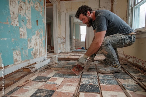 Improving the kitchen flooring: Collaborative renovation work in progress by a couple, Generative AI