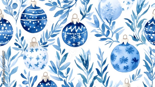 Watercolor blue and white christmas ornament pattern with greenery, white background