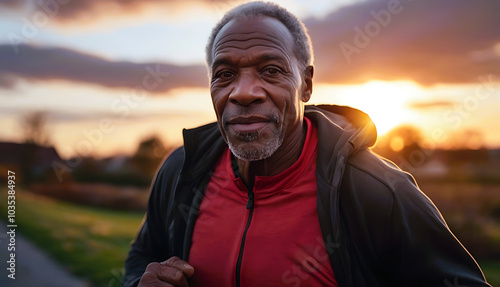 -A Healthy Aging Black Man Jogging -(Running Outdoors) Promotes Positive Aging -Fitness & Well-Being
