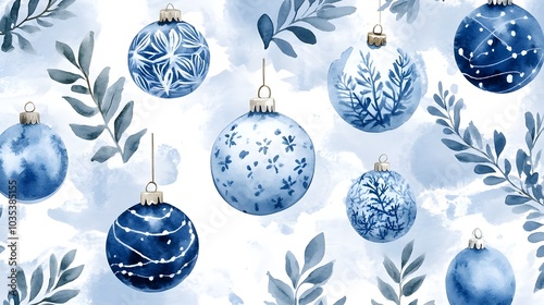 Watercolor blue and white christmas ornament pattern with greenery, white background