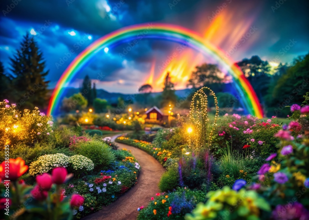 Enchanting Tilt-Shift Rainbow Scene with Vibrant Flowers and Illuminated Lights Enchanting Tilt-Shift Rainbow Scene with Vibrant Flowers and Illuminated Lights