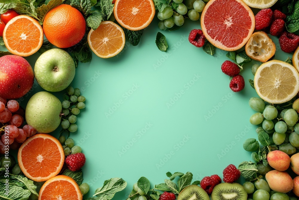 Vibrant arrangement of fresh fruits against a mint green background Vibrant arrangement of fresh fruits against a mint green background