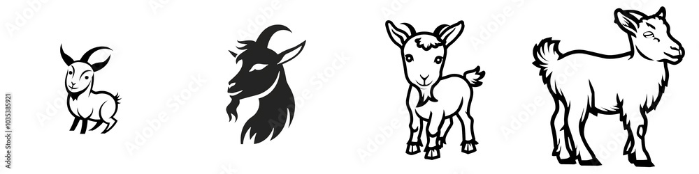 A cute goat silhouette showcasing its unique features against a white isolated background.