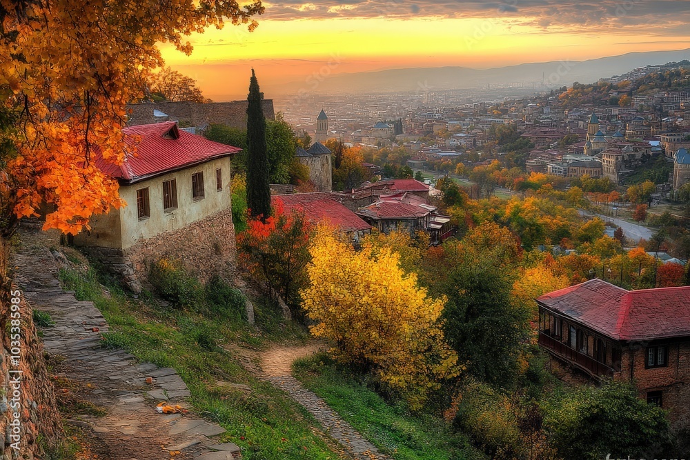 Obraz premium Tbilisi Sunset: Old Town Fortress and Castle Overlooking Georgian City