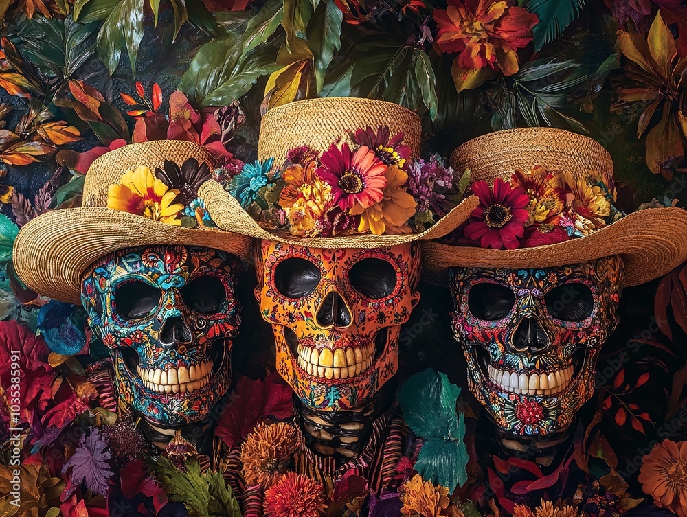 Fototapeta premium Vibrant Skull Art: Unique Painted Designs on Intricate Skulls in Straw Hats - Perfect Wall Poster for Sporty Interiors or Bold Home Decor
