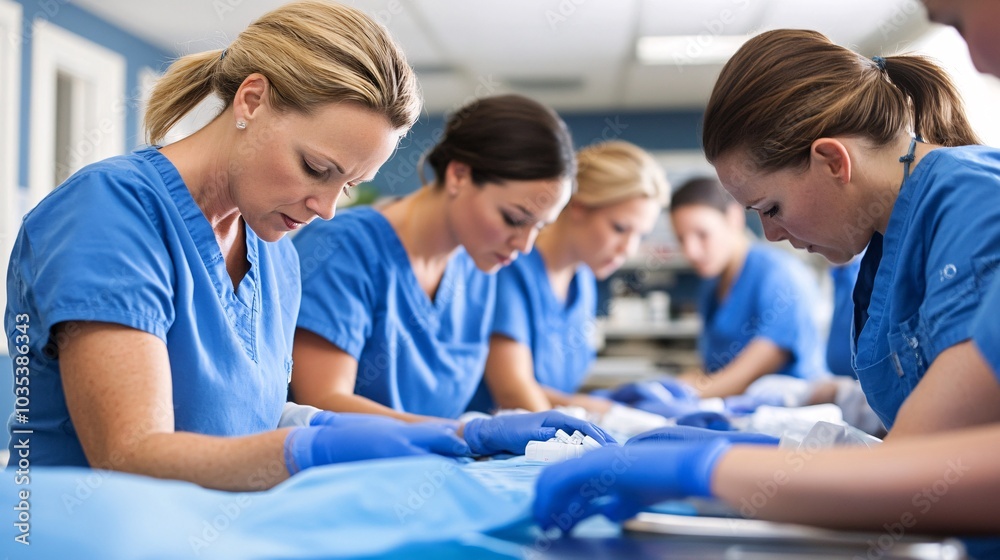 Team of nurses preparing medication in a brightly lit hospital pharmacy Stock Photo with side copy space Team of nurses preparing medication in a brightly lit hospital pharmacy Stock Photo with side copy space