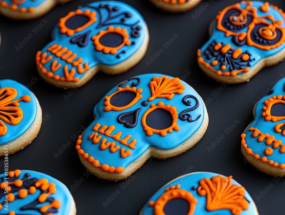 Vivid Sugar Skull Cookies: A Festive Poster Design Showcasing Unique Culinary Art with Bright Blue and Orange Icing, Perfect for Celebrating Cultural Traditions in Sports Interiors! Vivid Sugar Skull Cookies: A Festive Poster Design Showcasing Unique Culinary Art with Bright Blue and Orange Icing, Perfect for Celebrating Cultural Traditions in Sports Interiors!
