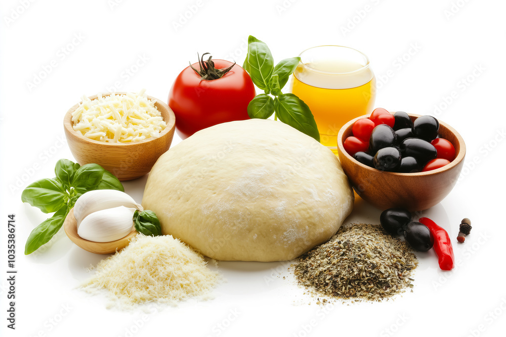 Fresh pizza ingredients displayed on a white background, featuring dough, tomatoes, cheese, and herbs ready for preparation. Generative AI Fresh pizza ingredients displayed on a white background, featuring dough, tomatoes, cheese, and herbs ready for preparation. Generative AI
