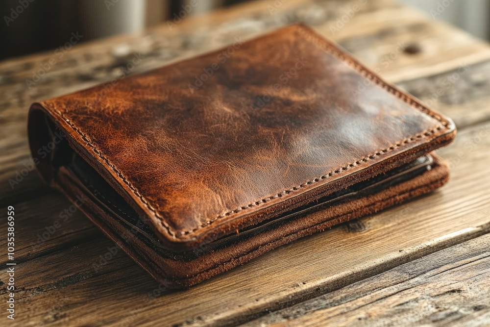 Handmade leather wallet resting on rustic wooden table Handmade leather wallet resting on rustic wooden table