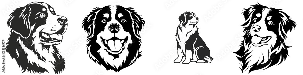 Fototapeta premium Die-cut illustrations of various dog breeds, showcasing their unique shapes and features against a white isolated background.