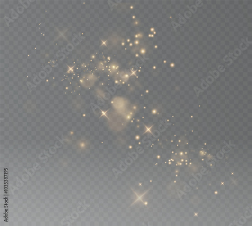 Christmas background. Powder dust light PNG. Magic shining gold dust. Fine, shiny dust bokeh particles fall off slightly. Fantastic shimmer effect. Vector illustrator.