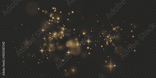 Christmas background. Powder dust light PNG. Magic shining gold dust. Fine, shiny dust bokeh particles fall off slightly. Fantastic shimmer effect. Vector illustrator.