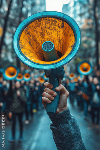 Hand gripping a megaphone with messages about equality, sustainability, and social justice radiating out in powerful waves photo