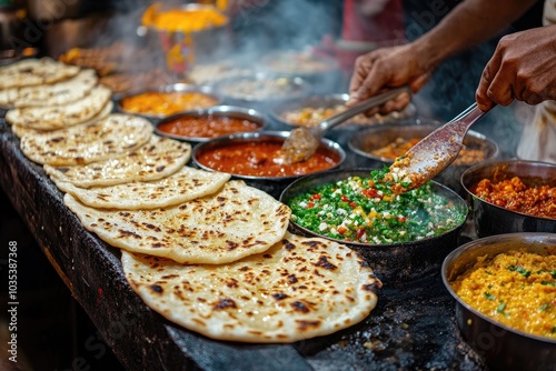 Street food vendor preparing traditional indian food with naan bread and curry dishes photo