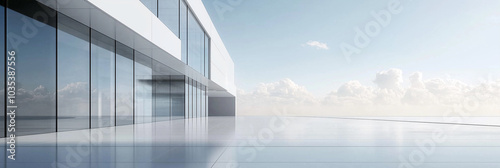 Modern minimalist building with glass and steel structures in an open, spacious area under a clear sky, ideal as a background for showcasing products or vehicles. 