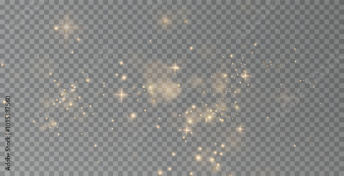 Christmas background. Powder dust light PNG. Magic shining gold dust. Fine, shiny dust bokeh particles fall off slightly. Fantastic shimmer effect. Vector illustrator.	