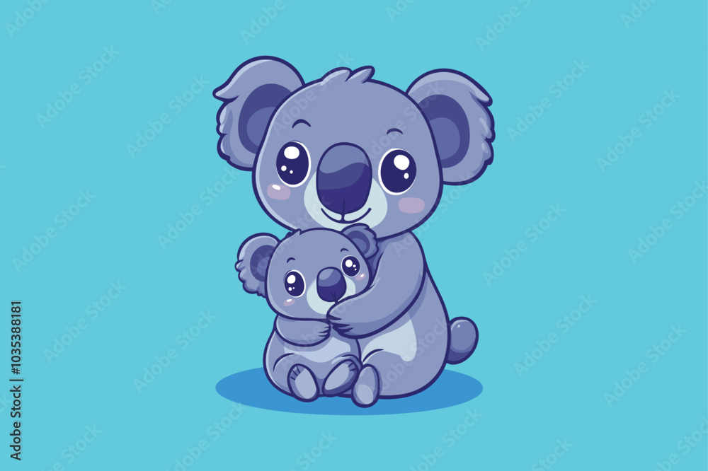A cute koala sticker sitting on the ground with mom concept Isolated Flat Vector Illustration