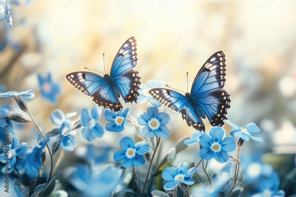 Obraz premium Two blue butterflies sitting on blue flowers in spring garden