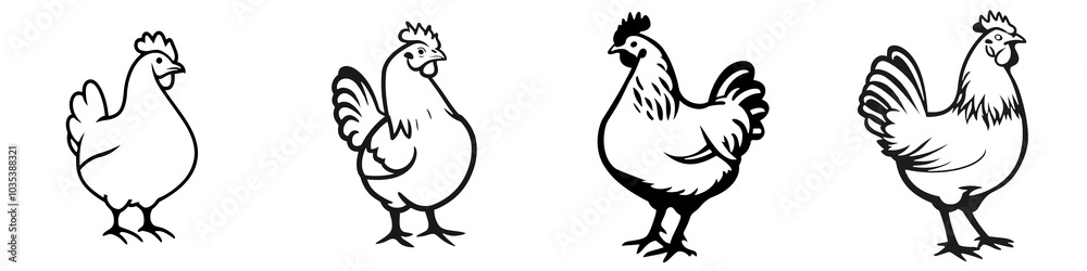 Three playful chickens in various poses, white isolate background. Three playful chickens in various poses, white isolate background.