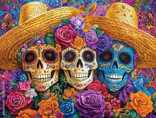 Elegant Skull Figures in Floral Splendor: A Vivid Day of the Dead Poster Perfect for Holiday Decor and Sporty Interiors, Celebrating Culture with Colorful Style!