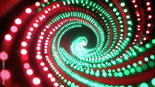 Red and green Christmas lights twinkling softly, forming a spiral pattern on a white background