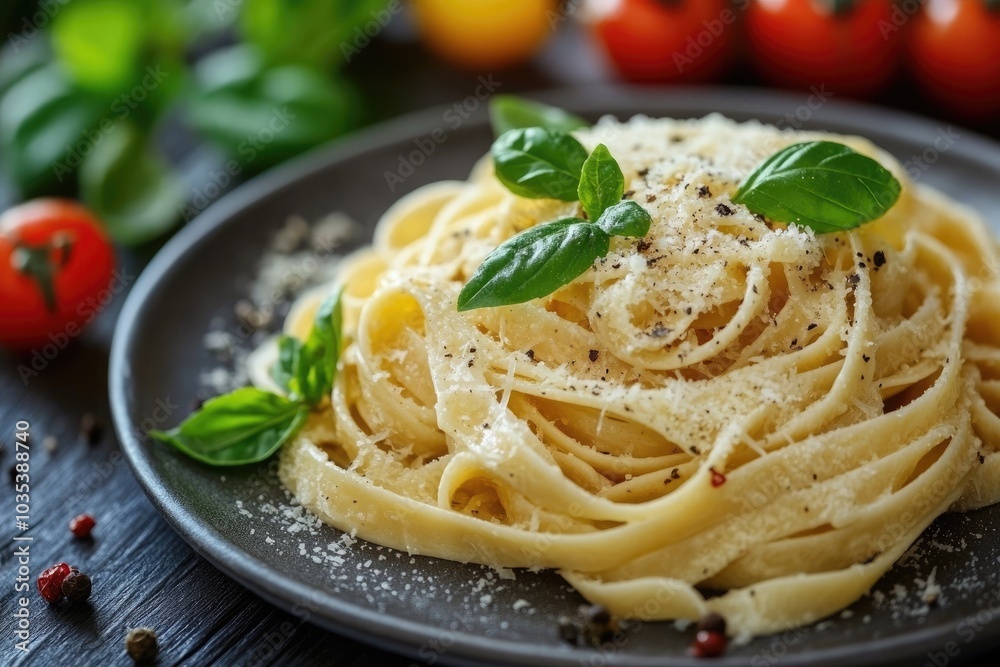 Delicious pasta dish with parmesan cheese and basil on dark background Delicious pasta dish with parmesan cheese and basil on dark background