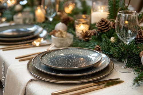 Christmas elegant table setting with golden cutlery, evergreen branches and candlelight