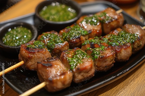 Juicy meat skewers seasoned with chimichurri sauce are served on a black plate