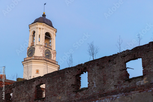 Old Clock Tower and brick walls of destroyed cathedral in Vyborg