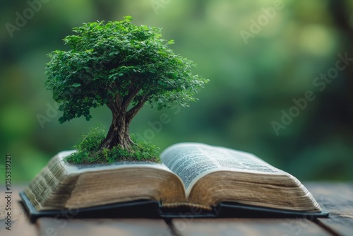 Tree growing out of an open bible on a wooden table with blurred background, Generative AI