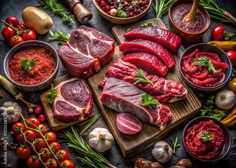 Fashion Meets Culinary Art: A Stylish Display of Beef, Lamb, Pork, and Chicken Fashion Meets Culinary Art: A Stylish Display of Beef, Lamb, Pork, and Chicken
