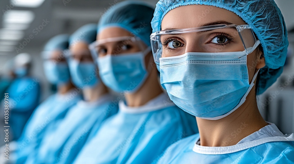Surgeons wearing surgical masks and gloves preparing for a procedure in a high-tech operating room Stock Photo with side copy space Surgeons wearing surgical masks and gloves preparing for a procedure in a high-tech operating room Stock Photo with side copy space