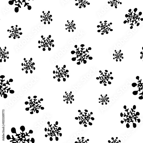 Winter seamless pattern with black silhouettes of snowflakes in naive scribble style. Holiday greeting card, gift packaging., wrapping paper. Funny scrabble style collection for happy new year. 