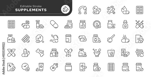 Dietary supplement and food additive line icon set. Vitamin, capsule, pill, antioxidant, omega, probiotic, fiber, protein. Natural, herbal, dry, energy supplement. Outline icon collection. Pictogram