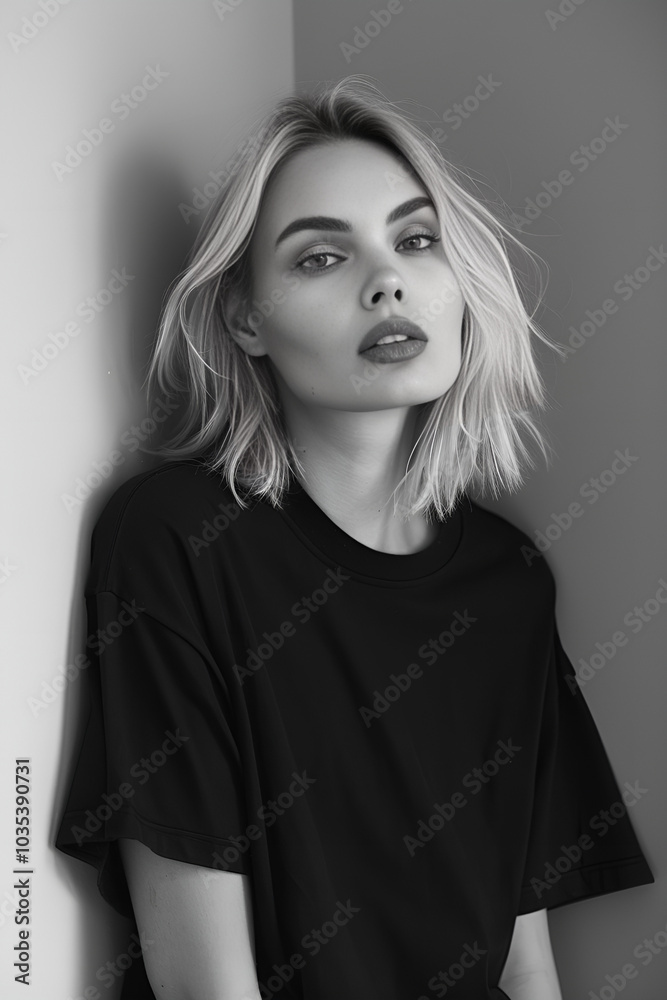 Fototapeta premium Black-and-white photograph of a blonde woman wearing a black T-shirt, leaning against a wall, Generative AI