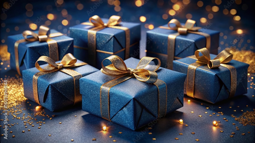 Festive Blue Gift Boxes with Gold Ribbons on Dark Background for Celebrations Festive Blue Gift Boxes with Gold Ribbons on Dark Background for Celebrations