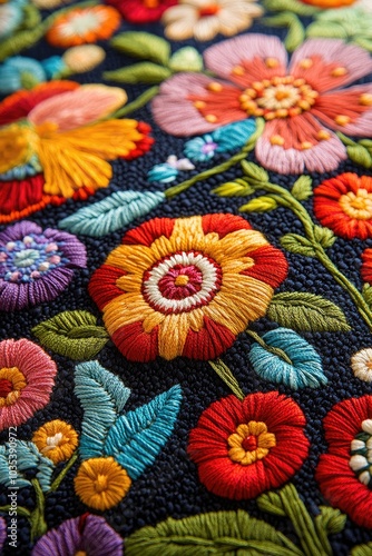 Colorful floral arrangement forming an embroidery design with needlework stitches