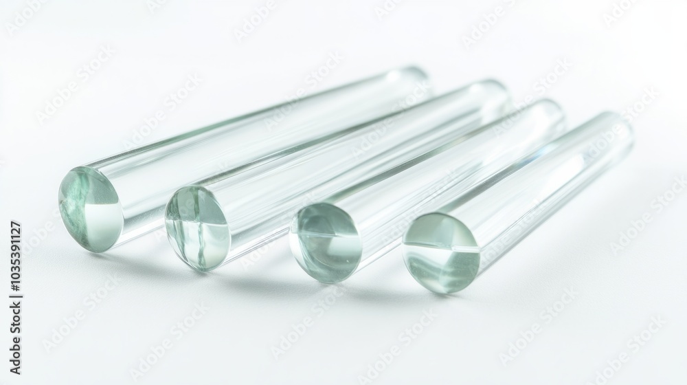 Cylindrical glass rods, neatly aligned, transparent and polished, isolated on white background Cylindrical glass rods, neatly aligned, transparent and polished, isolated on white background