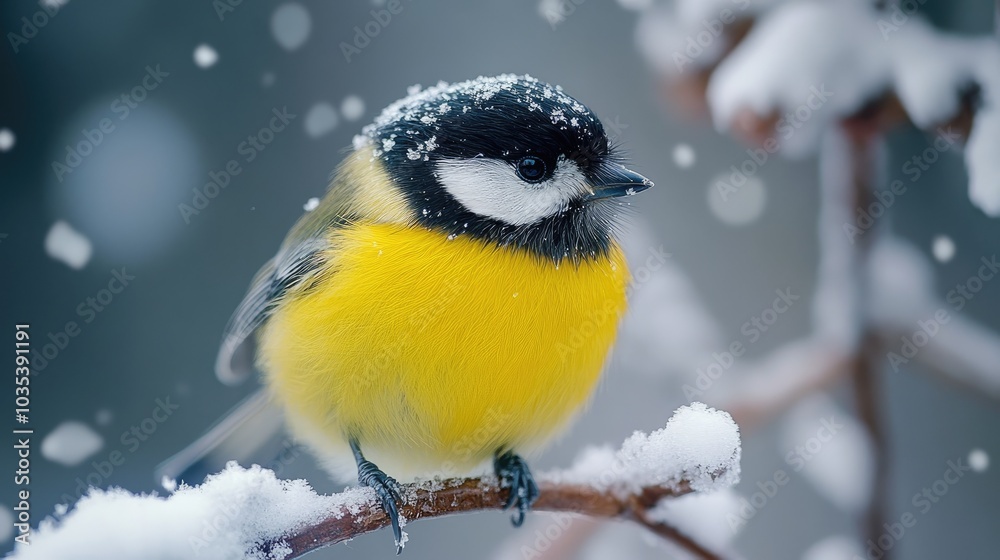 Yellow bird perching on a snowy branch in winter Yellow bird perching on a snowy branch in winter