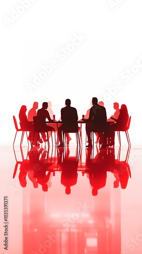A high-resolution, photorealistic image of business people sitting around a table in an office meeting room with a white background