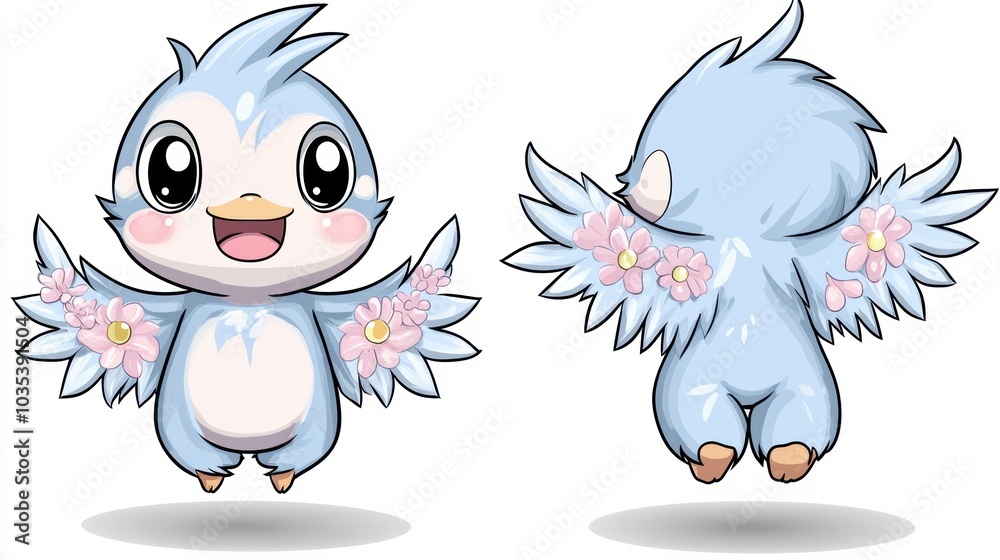 Naklejka premium Cute Magical Blue Winged Creature Floating in the Sky