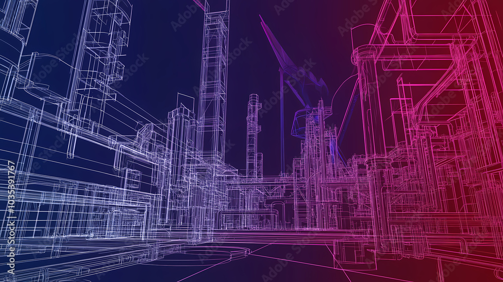 A horizontal banner with units for the oil industry. A 3D illustration of an architecture building based on imagination A horizontal banner with units for the oil industry. A 3D illustration of an architecture building based on imagination