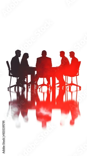 A high-resolution, photorealistic image of business people sitting around a table in an office meeting room with a white background