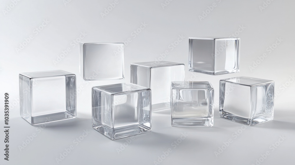 Glass cubes with different sizes, clear and minimalist, arranged in a pattern on white background Glass cubes with different sizes, clear and minimalist, arranged in a pattern on white background