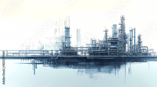 A horizontal banner with units for the oil industry. A 3D illustration of an architecture building based on imagination