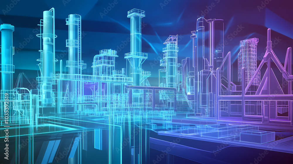 A horizontal banner with units for the oil industry. A 3D illustration of an architecture building based on imagination