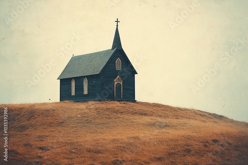 Old wooden church on a hill in Iceland. Filtered image processed vintage effect, Generative AI photo