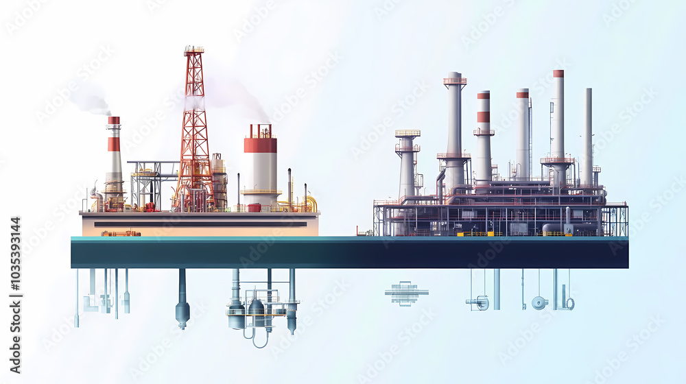 Obraz premium A horizontal banner with units for the oil industry. A 3D illustration of an architecture building based on imagination