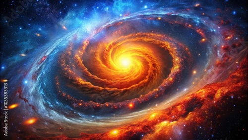 Fiery Spiral Galaxy Core with Radiant Stars and Cosmic Dust in Vivid Hues for Stunning Aerial Photography